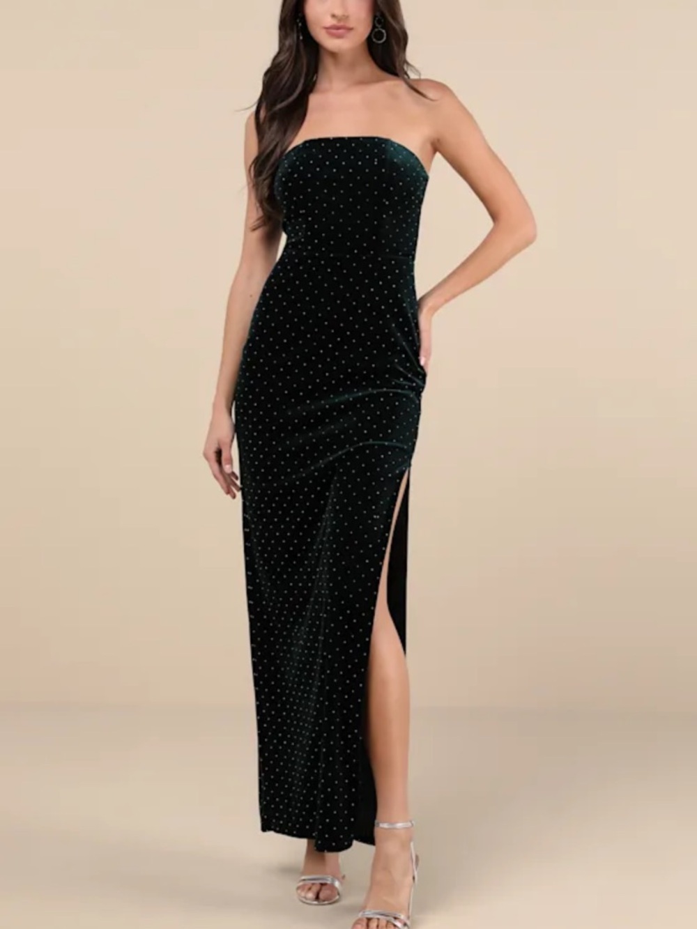 Strapless Green Velvet Polka Dot Evening Dress